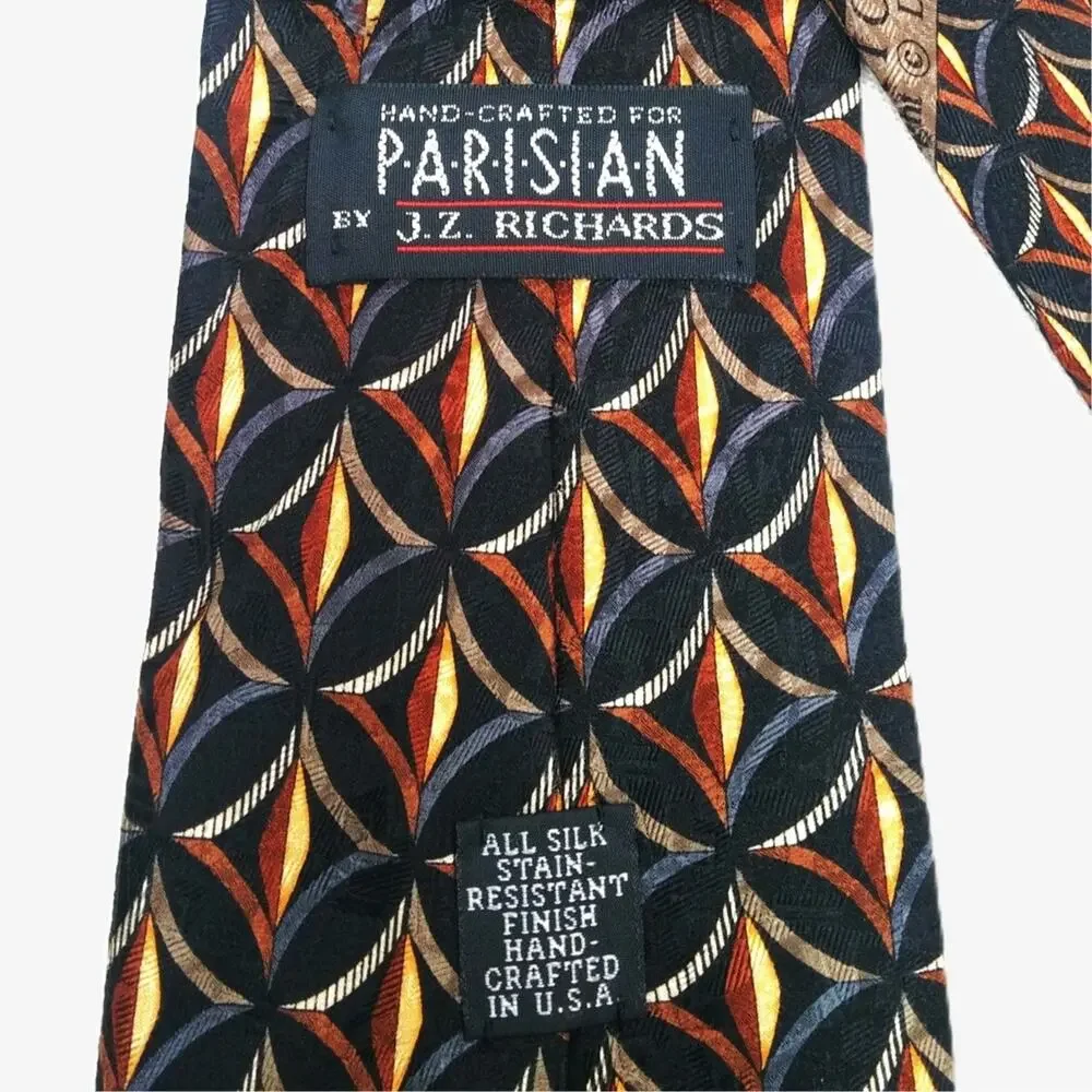 Parisian JZ Richards Silk Tie Mens Black Gold Geometric Hand Crafted USA Classic